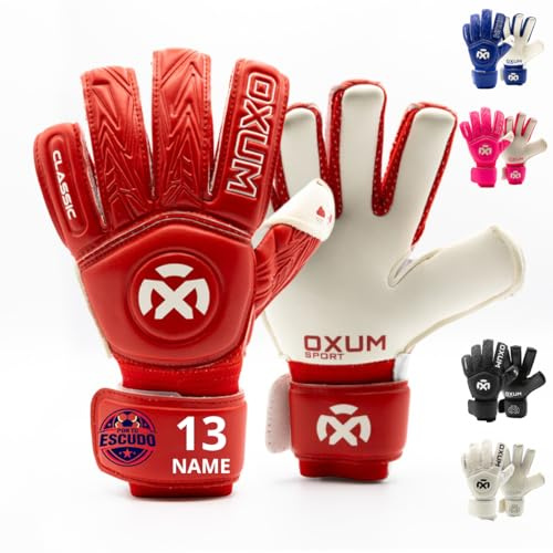 OXUM Guanti da Portiere Classic Personalizzati per Bambini e Bambine – Aggiungi Nome, Numero e Bandiera o Stemma – Guanti da Calcio per Bambini con Ottima Presa e Vestibilità Confortevole (Roso, 4)