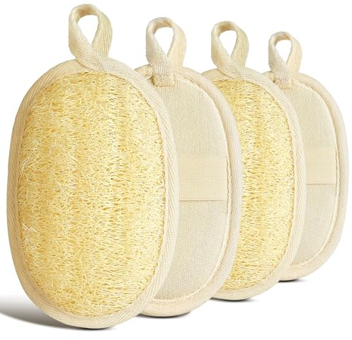 AOOWU Purificador Exfoliante Corporal de Esponja de Lufa Natural, 4 Piezas Lufa Orgánicas para Hombre y Mujer, Compostable Protección del Medio Ambiente Natural para Cocina, Baño y Camping(9X14CM)