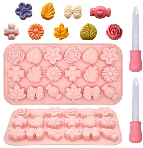 2 Pezzi Stampi In Silicone Fiori con 2 Pipette, Stampo Cioccolato Forme Rosa, Foglie, Fiocchi per Praline, Pasticceria, Torta, Cubetti di Ghiaccio, Sapone e Candele