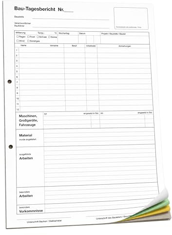10x Bau-Tagesbericht, Baubericht Bautagebuch Regiebericht-Bau DIN A4, 3-fach selbstdurchschreibend, 3x30 Blatt weiß/grün/gelb - gelocht (22205)