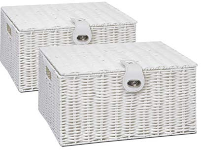 ARPAN Large Hamper Basket – Wicker Storage Basket with Woven Finish and Lid | Spacious Hamper Baskets for Gifts Empty, Toys, Towels or Linen – Durable Wicker Basket Storage (White Large 2 Pack)