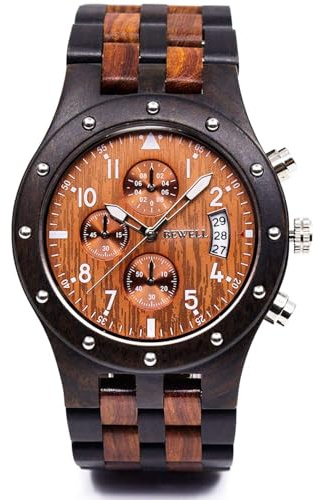 BEWELL W109D Sub-dials Wooden Watch Quartz Analog Movement Date Wristwatch for Men (Black and red)