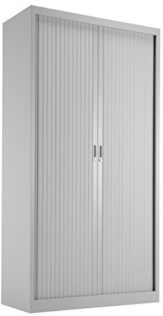 Office Hippo Steel Tambour Cupboard, Fully Lockable Cabinet, Side Opening Metal Storage With 4 Height Adjustable Shelves, 195 cm High, Grey Metal