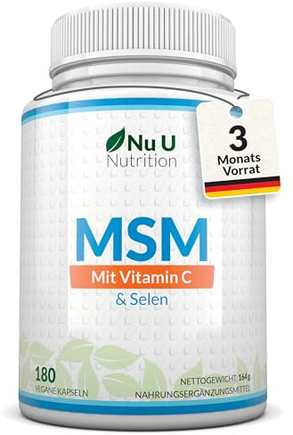 MSM Puro Vitamina C & Selenio - 180 Capsule Vegane - 600mg di MSM per Capsula - 6 Mesi di Durata - Integratore di Metilsulfonilmetano - Prodotto in Europa - Nu U Nutrition