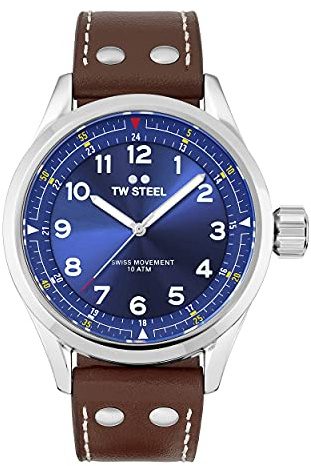 TW Steel Swiss Volante Herren 45mm Quarzuhr mit blauem Zifferblatt, braunem Lederarmband und Datumskalender SVS102