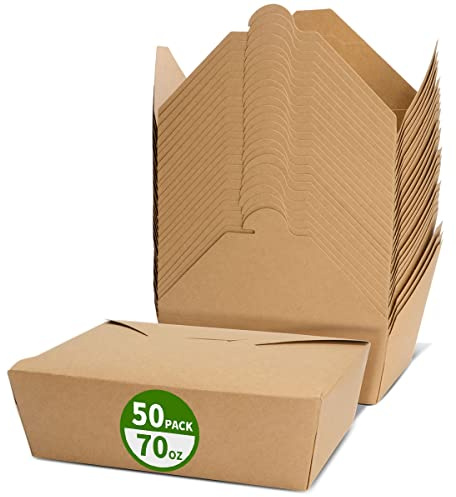 AICHEF 50 Pack 70 oz Large Take Out Food Containers - Heavy Duty Microwavable Kraft Brown Paper To Go Box #3 - Grease Resist Paper Lunch Box Cardboard Take Out Box for Restaurant, Household, Party