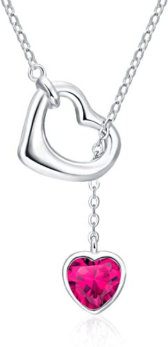 Qings Damen Rubin Geburtsstein Juli Kette Sterling Silber 925 Herz Anhänger Halskette mit Glänzendem Heart Zirkonia Geburtstag Weihnachten Muttertag Schmuck Geschenk für Mutter Mädchen