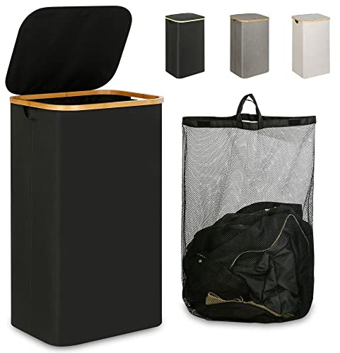 iEGrow Laundry Hamper with Lid, 110L Large Laundry Hamper with Handle and Lid, Collapsible Clothes Basket Organizer with Removable Inner Bag for Clothes Toys Towels - Black