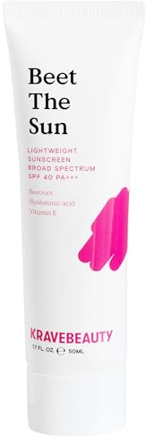 KraveBeauty Beet The Sun Lightweight Sunscreen SPF 40 PA+++, Broad Spectrum Facial Sunscreen with Beet Root Extract & Hyaluronic Acid, Non-Greasy Daily SPF Lotion for Face, Fragrance Free, 50 mL