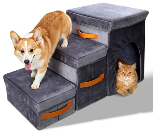 Pawchop Dog Steps for Sofa, Foldable Pet Steps with Storage Box, Non-slip Pet Ramp with Dogs House, Stable Dog Stairs for Small Dogs, Large Dog Steps Ladder for Bed Couch Sofa, Grey