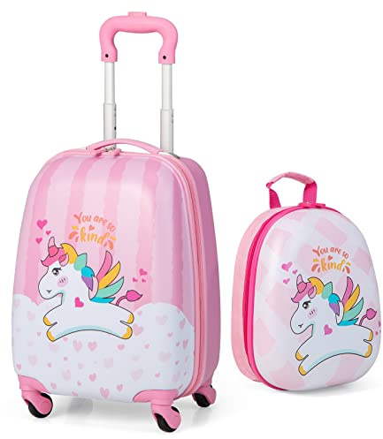 KOTEK Kids Carry On Luggage Set, 16 Hardside Rolling Suitcase with Spinner Wheels, Travel Rolling Luggage for Boys Girls (Lovely Horse)