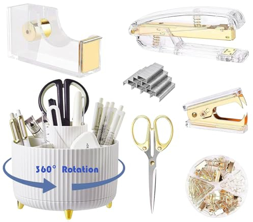 Gawsey Gold Desk Organizers and Accessories Set with 360-Degree Rotating Pen Holder, Acrylic Stapler, Tape Holder, Staple Remover, Binder/Paper Clips Kit, Scissor and 1 Box of Staples