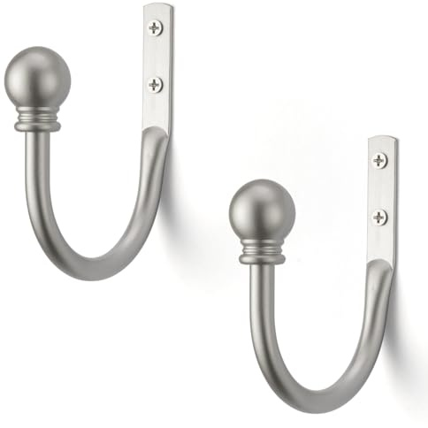 Silver Curtain Holdbacks - 2 Pack, Metal Curtain Tiebacks Wall Mounted, Decorative Window Drapery Holders, Curtain Pull Back Hooks for Drapes, Curtain Side Holders for Wall, Curtain Accessories