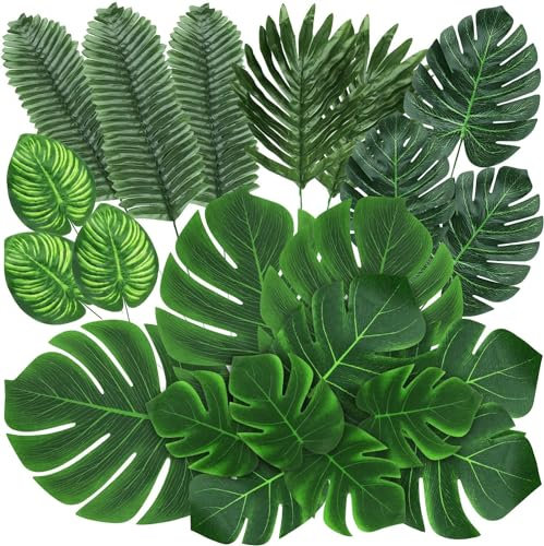 74 Pack Palm Leaves Artificial Tropical Monstera, Leaf Faux Leaves for Safari Jungle Hawaiian Dinosaur Luau Party Table Decoration Wedding Birthday Theme Party