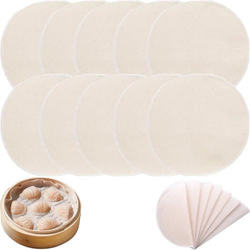 HSYTEK 24cm Runde Baumwolle Dampfer Tuch, 10 Stück Wiederverwendbar Bambusdämpfer Matte, Dampfgarer Mat Filtertuch, Dampfer Matte für Reis, Dim, Sum, Gemüse, Fisch und Gebäck