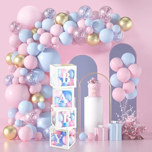 Juego de 187 decoraciones de revelación de género, kit de arco de globos, 4 cajas de globos para decoración de baby shower con letras de bebé, cajas de globos para revelación de género, fiesta de baby