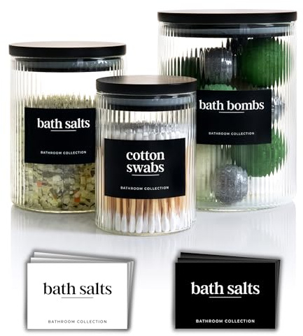 Mason & Fable 3x Ribbed Glass Bathroom Jars with Airtight Black Bamboo Lids | Cotton Pad/Buds/Q tip Holder | Bath Salt/Small Makeup/Apothecary Storage Canister- 10, 20 & 40 fl.oz