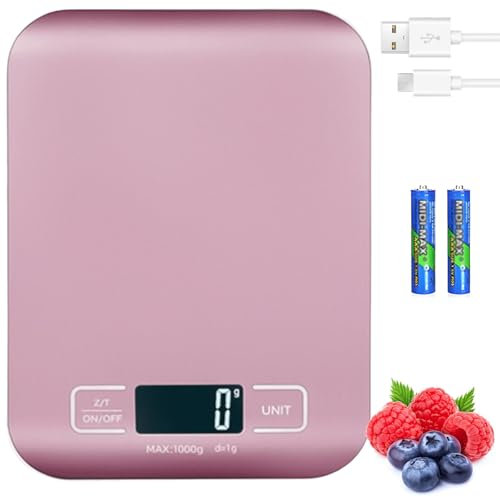Balance de cuisine numérique - 10 kg/1 g - Rechargeable par USB - Avec écran LCD et fonction tare - Avec câble de charge de batterie - Or rose