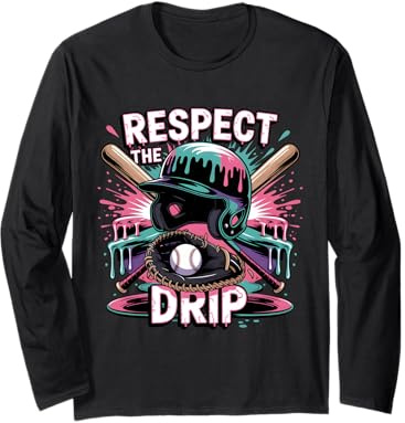 Respect The Drip Baseball Ice Cream Drip Helmet Bats Boys Long Sleeve T-Shirt