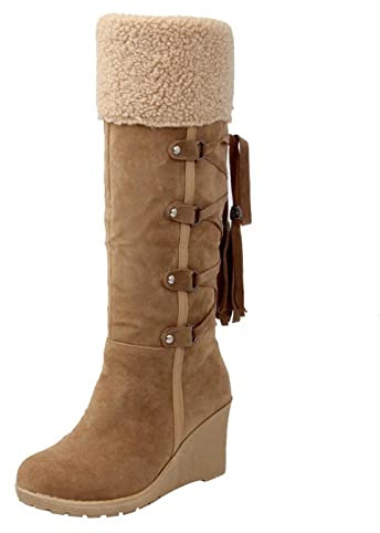 Bottes compensées décontractées et confortables pour femme - Élégantes - Avec franges à lacets - Chaudes et antidérapantes - Bottes mi-mollet - Pour l'extérieur et l'hiver, jaune, 39.5 EU