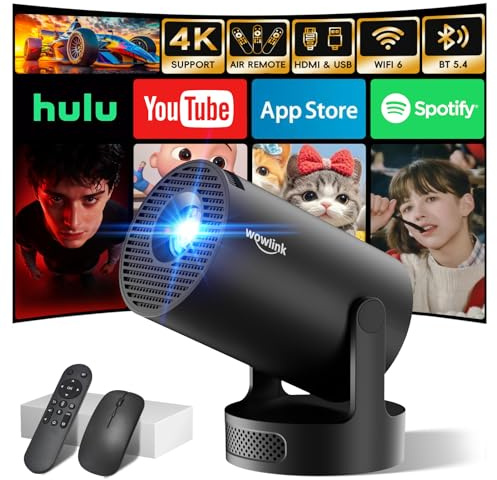 [Built-in Apps & 2026 Upgraded] Mini Projector with WiFi 6 and Bluetooth 5.4 Support 4K 1080P Auto Keystone 180° Rotatable Projector Portable Compatibile with HDMI/TV Stick/Memory Stick/Laptop
