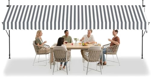 VA-Cerulean Tenda da sole con morsetto, per balcone, senza foratura, regolabile in altezza, resistente ai raggi UV, impermeabile con manovella (400 cm di larghezza, strisce bianche grigie)