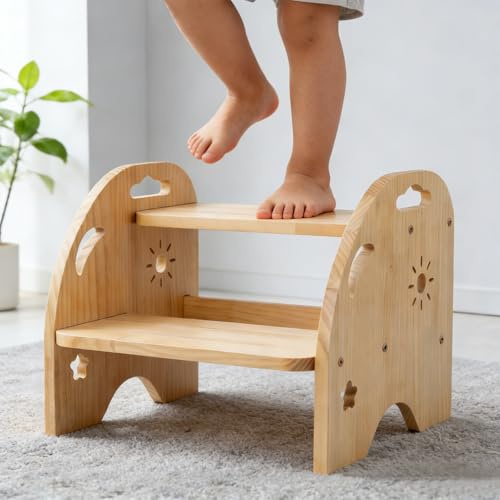 Stegpall för barn, 2 steg – 32 x 31,8 x 38 cm, halkfri stegpall i trä med handtag, 200 kg lastkapacitet, för badrum, tvättställ, kök, barnrum, sovrum, för vuxna och barn
