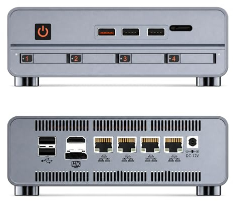 SynthDisk N100 M1 Mini ProNAS-värd, 4-fack NAS-server med 4 x 2,5 G LAN, 5 x NVMe-spår, USB 3.2 Gen2, DDR5 RAM, helt i aluminium mini PC för hem moln och små företag (32 G RAM, 2 TB SSD)