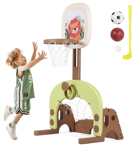 3-i-1 basketkorg-set för barn, höjdjusterbar sportaktivitetscenter med basket, fotboll och ringkastspel, inomhus-utomhusleksaker för pojkar och flickor från 3–6 år