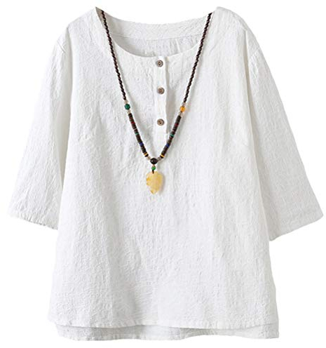 Vogstyle Damen Baumwoll Leinen Tunika T-Shirt Jacquard Oberseiten, Weiß, L