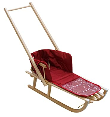 Holzschlitten für Kinder mit Rückenlehne Rodelschlitten Davoser Schlitten aus Holz mit einem Sicherheitsgurt und Matratze (Natürliche/rote Leinen)