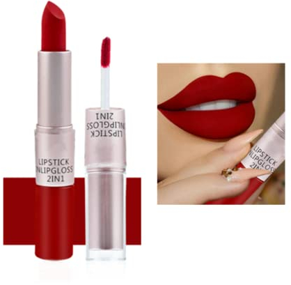 2 in 1 Pintalabios,Labiales Mate Larga Duración de Moda y Populares Suave y No pegar Fácil de Quitar (Rojo 011)