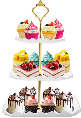 DAFURIET Dessert Cupcake Stand, 3 Tier Cup Cake Holder Tower for Tea Party/Birthday/Weeding, Plastic Tiered Serving Tray with Metal Rod (White)