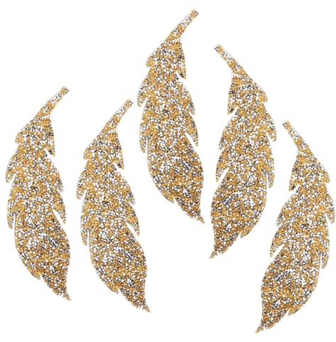 Toppe termoadesive 5 pezzi, piume glitterate, strass, toppe da cucire, strass, applicazioni, toppe per la creazione di abbigliamento, abiti, forniture per applique(Oro)