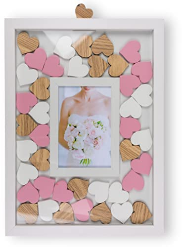 MIJOMA Libro degli ospiti con cornice in legno e 42 cuori in legno scrivibili in 3 colori, circa 38 x 28 cm, con cornice portafoto per ricordi