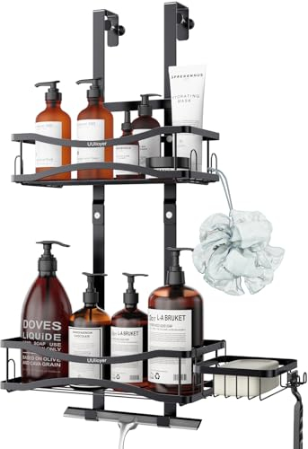 UUlioyer Mensola Doccia da Appendere con Portasapone, Porta Bagnoschiuma da Doccia Senza Foratura, Porta Sapone da Appendere al Porte Doccia, Nero (Stile B)