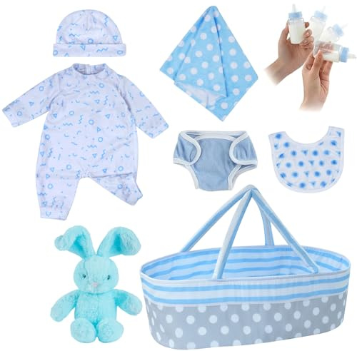 BABESIDE Vestiti per Rinato Bambino Bambole da 8 Pezzi con Culla Adatto a Bambole da 17-22 Pollici, Vestiti per Bambole, Accessori di Abbigliamento (blu)