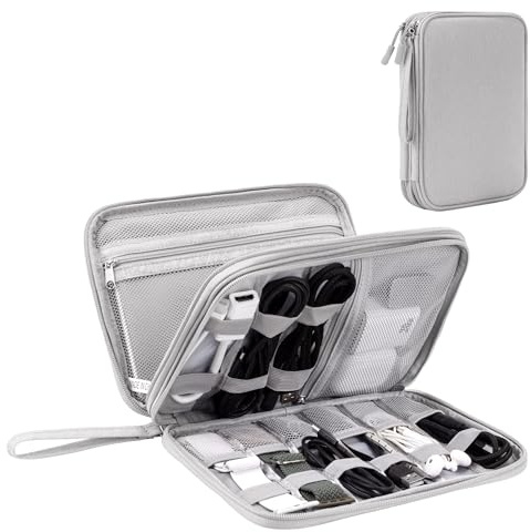 Arae Organizer Valigia per Accessori da Viaggio, Porta Cavi da Viaggio Doppio Strato con Grande Capacità per Cavi, Carte, Caricatori, Cuffie - Gadget Tech Utile per Viaggio e Zaino, L, Grigio