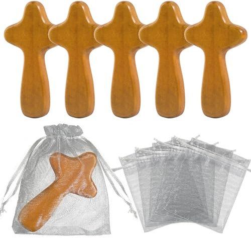 BOFUNX 5 Stücke Holzkreuze Klein Handkreuz Holz Handschmeichler mit 5 Stücke Organzasäckchen für Kommunion Konfirmation Taufe Beileid Geschenk