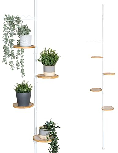 bremermann Teleskop-Blumenregal mit 4 Bambusablagen und Rankelhilfe, Blumentreppe vielseitig einsetzbar im Wohnzimmer, Bad oder Küche - Blumensäule mit variabler Einbauhöhe von 140 bis 290 cm, weiß