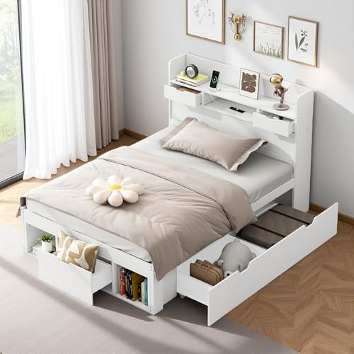 Sapgaks Lit Simple avec Port USB & tiroirs & Armoire de Rangement,lit avec Rangement,Cadre de lit Enfant 90x 200 avec sommier à Lattes,Blanc