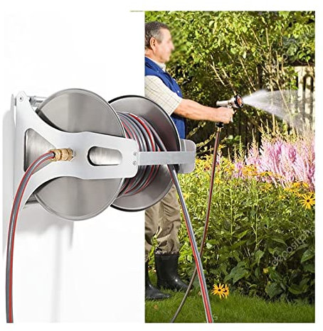 Soporte de pared para carrete de manguera de jardín resistente, caja de almacenamiento de manguera para manguera de 45 pies, soporte para carrito de manguera al aire libre