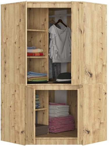 BDW - Eckschrank Schlafzimmer - Kleiderschrank Groß - Schrank 100 cm breit, 180 cm hoch - Eckkleiderschrank mit Kleiderstange und Einlegeböden - Kleiderschrank Artisan-Eiche