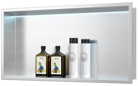 Qeke RGB Shower Niche, 304 Stainless Steel LED Shelf, 60cm, Nickel | IP66 Light Strip, Customisable Light, Tile-Free Install, Rust-resistant, Waterproof, Easy to Clean