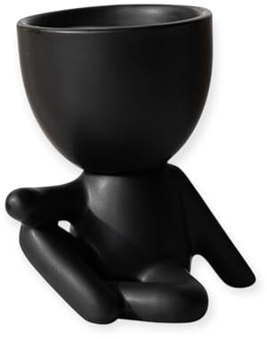 Blumentopf Figur Mensch – Lustiger Übertopf mit Gesicht & Armen – Sukkulenten Pflanzgefäß – Deko für Wohnzimmer, Büro, Badezimmer, Garten und Balkon – Geschenkidee für Pflanzenfreunde (Schwarz-D)