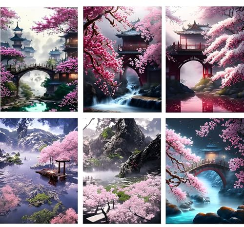 Jawecci 6Packs Landscape Diamond Painting Kits, 5D DIY Cherry Blossoms Diamond Art Kits for Adults, Full Drill Round Tower Diamond Dots Set Gifts 30X40cm