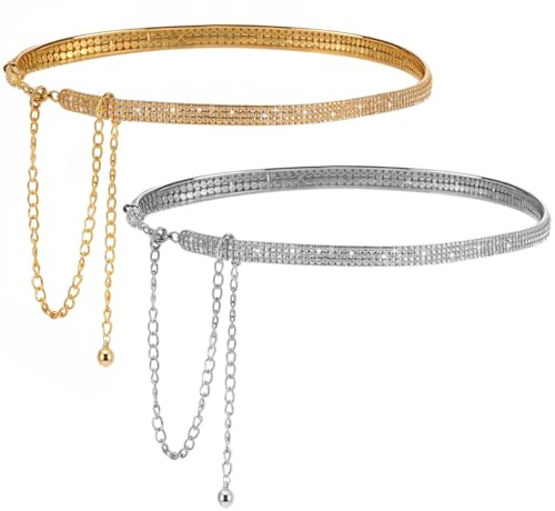 Classicseali 2pcs Rhinestone Belts,125.5cm/49.4 In Rhinestone Belt,Chain Belts for Women, Rhinestones Belt for Formal Dress Wedding Bridal, Gold & Silver Waist Chain