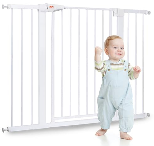 LAOYE Treppenschutzgitter ohne Bohren, Extra Hoch 92 cm Höhe, 75-124 cm Breite, Türgitter Baby mit 3 Verlängerungen, für Kinder, Hunde und Katzen, Auto-Close & 90° Stopp - Weiße