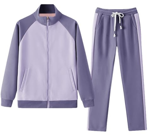 amropi Donna Tuta da Cerniera Felpa a Contrasto Giacca e Jogging Pantaloni Tute 2 Pezzi Sportivo Completo Viola, M