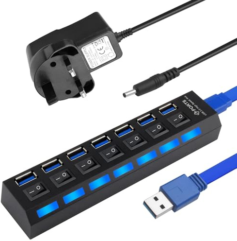 USB Hub Powered 7 Port, Powered USB3.0 2.0 Hub Splitter with Individual LED Power Switches for Laptop Desktop, USB Extension Splitter Including 5V 2A Power Adapter